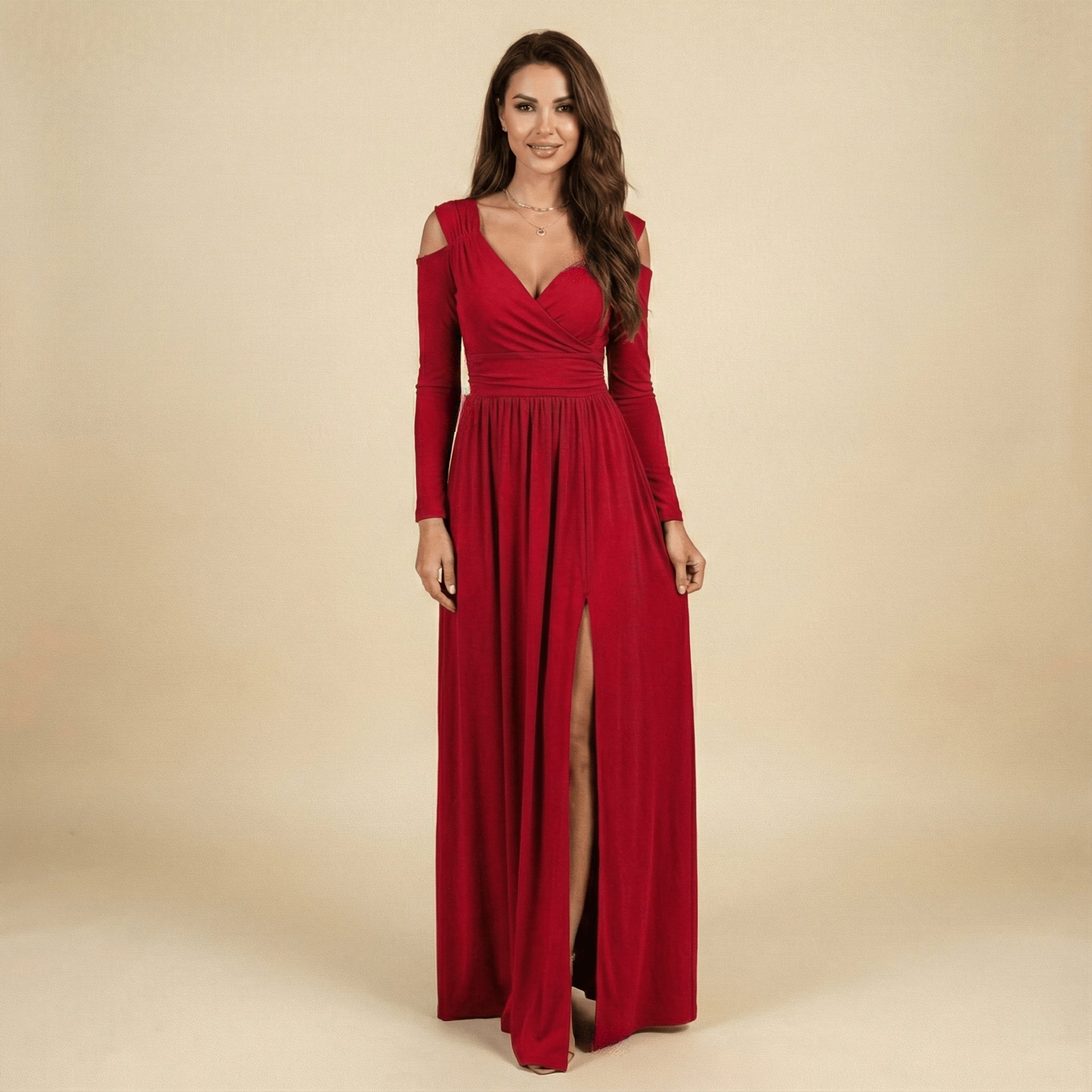 Elegant langærmet aftenkjole til kvinder med V-hals og slids